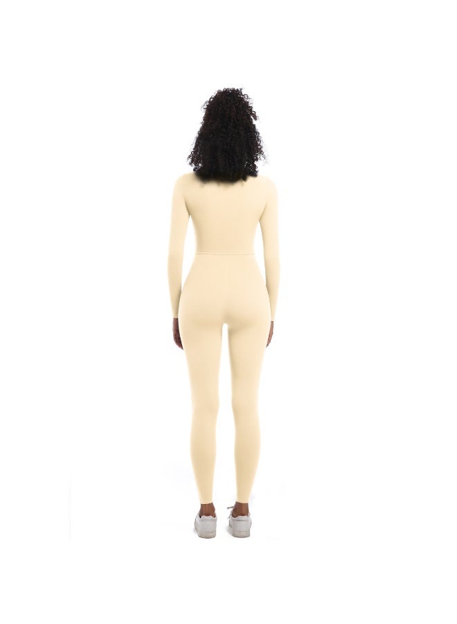 general Solid-color high-elastic half-open zipper tight long yoga suit for fitness, running and sports, one-piece garment - Image 3